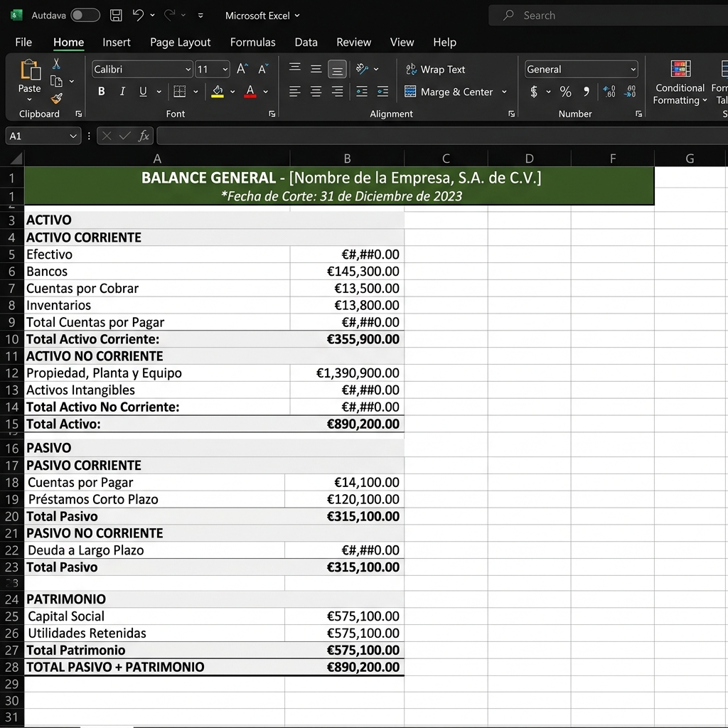 Captura de pantalla de Balance General en Excel