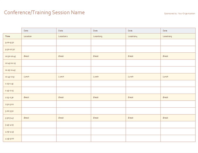 Coordine su programa de entrenamiento o conferencia con esta tabla para Excel