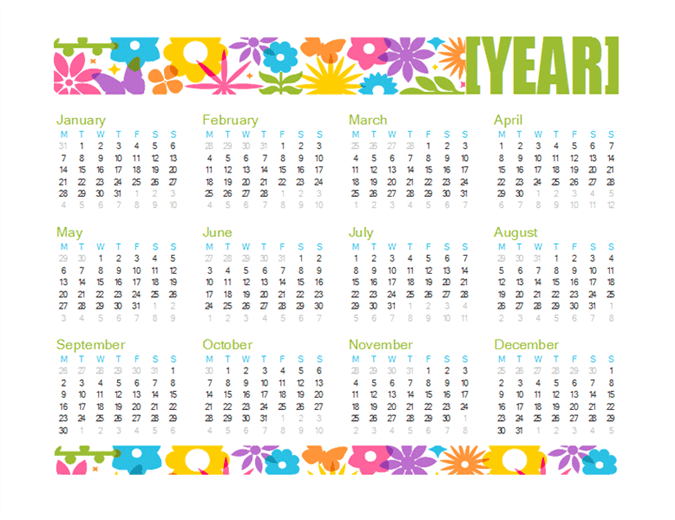 Utiliza las galerías de Temas y Colores para jugar con diferentes combinaciones de colores Esta plantilla de calendario imprime un año completo en una página.